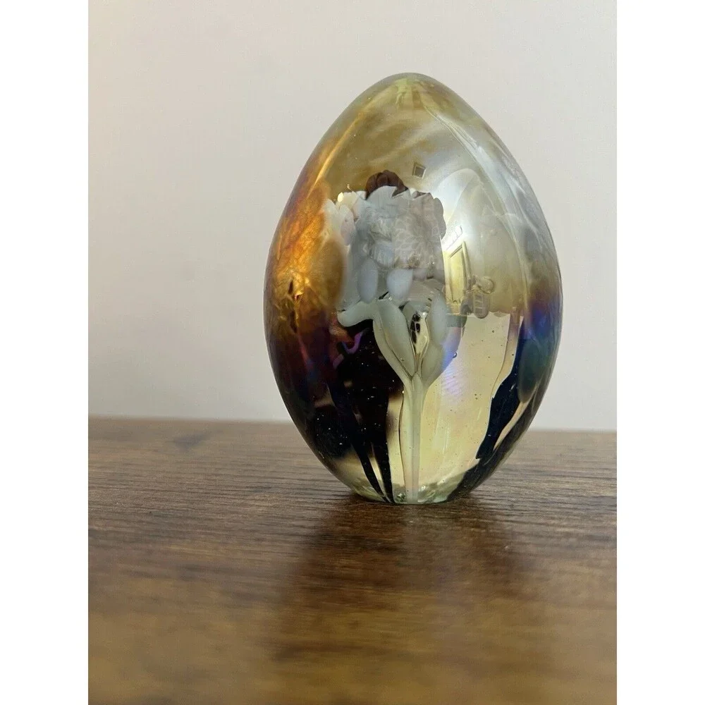 Vintage Metallic Multi Colored Swirl Egg Paperweight White Trumpet Flower